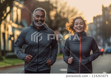 Handsome middle age POC mixed race couple jogging Handsome middle age POC mixed race couple jogging 114263875