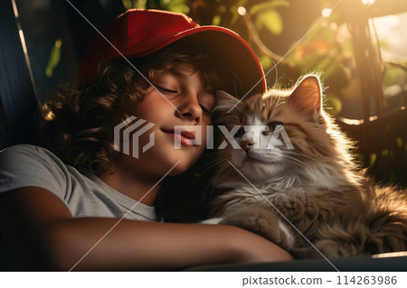 Peaceful moment captured as child holds cat 114263986