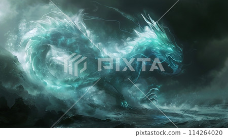 Majestic sea dragon in a turbulent ocean storm, digital painting capturing the magic and might of a mythical creature against a backdrop of dark clouds Majestic sea dragon in a turbulent ocean storm, digital painting capturing the magic and might of a mythical creature against a backdrop of dark clouds 114264020