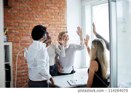 joyful young people celebrating successful contract joyful young people celebrating successful contract 114264078