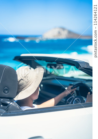 Young man driving an open car on a sunny day 114264121