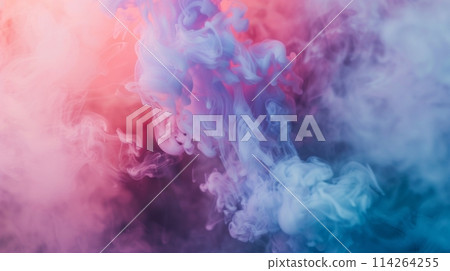 Vivid pink and blue smoke intertwine in a dynamic and flowing motion, creating a soft, dreamy background ideal for artistic designs 114264255
