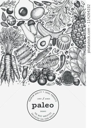 Paleo Diet Design Template. Vector Hand Drawn Healthy Food Banner. Vintage Style Menu Illustration. Paleo Diet Design Template. Vector Hand Drawn Healthy Food Banner. Vintage Style Menu Illustration. 114264282