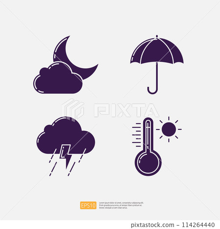 Night Weather with Moon and Cloud, Umbrella, Lightning Rainy season, Summer Temperature Thermometer. Weather Icons Collection Set Vector illustration 114264440