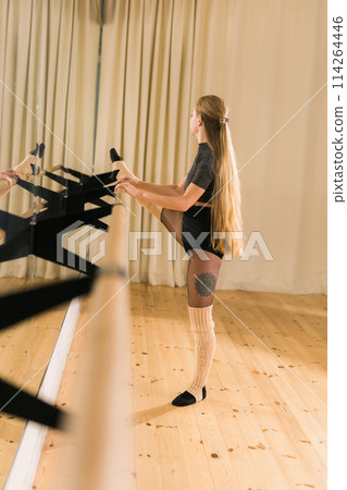 Female ballet dancer practicing at barre in dance studio - dance and ballerina concept Female ballet dancer practicing at barre in dance studio - dance and ballerina concept 114264446