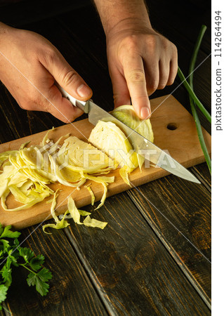 Slicing cabbage with a knife in the hands of a cook on a cutting board. Low key concept of preparing vegetable salad. Advertising space Slicing cabbage with a knife in the hands of a cook on a cutting board. Low key concept of preparing vegetable salad. Advertising space 114264494