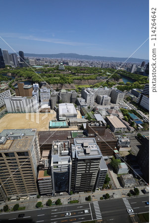Golden Week, early May, young leaves, Osaka Castle Park in early summer, Osaka Castle with fresh greenery as seen from the lounge of a high-rise apartment Golden Week, early May, young leaves, Osaka Castle Park in early summer, Osaka Castle with fresh greenery as seen from the lounge of a high-rise apartment 114264642