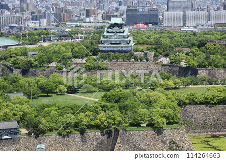 Golden Week, early May, young leaves, Osaka Castle Park in early summer, Osaka Castle with fresh greenery as seen from the lounge of a high-rise apartment Golden Week, early May, young leaves, Osaka Castle Park in early summer, Osaka Castle with fresh greenery as seen from the lounge of a high-rise apartment 114264663