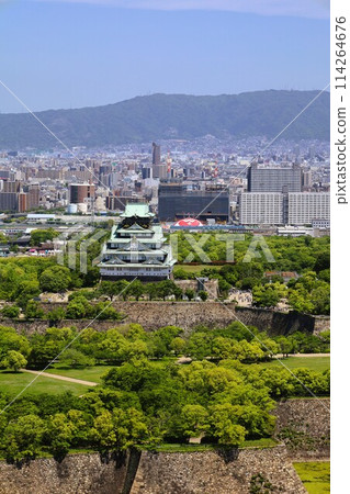 Golden Week, early May, young leaves, Osaka Castle Park in early summer, Osaka Castle with fresh greenery as seen from the lounge of a high-rise apartment 114264676