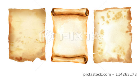 set of watercolor old brown paper sheets, vintage antique textured beige paper, illustration parchments with ripped and scrolled edges and spots, horizontal banner isolated white background set of watercolor old brown paper sheets, vintage antique textured beige paper, illustration parchments with ripped and scrolled edges and spots, horizontal banner isolated white background 114265178