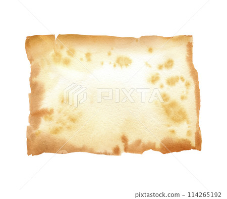 watercolor old brown paper sheets, vintage antique textured beige paper, illustration parchments with ripped edges and spots, horizontal banner isolated white background 114265192