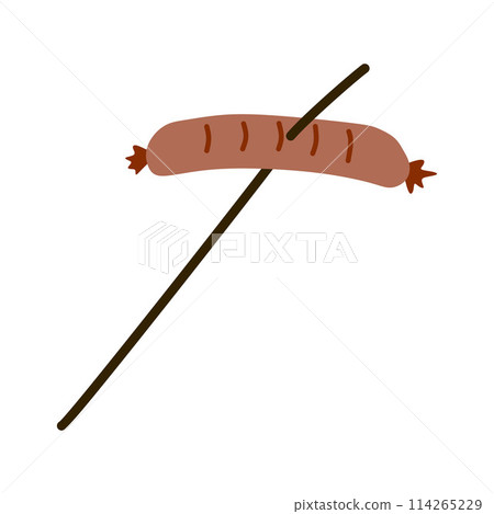 Sausage is fried on stick. Roast meat diet. Food in the camp in the campaign. Barbecue and street food element. Cartoon flat illustration for Hotdog, Picnic. Vector Object isolated on white for Logo 114265229
