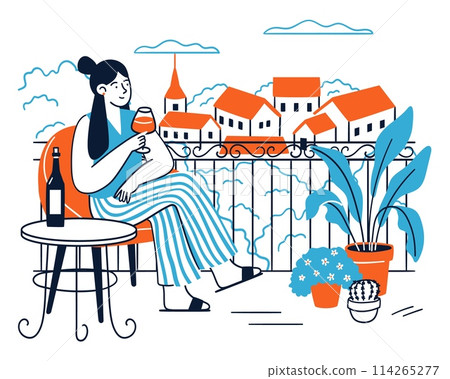 Young woman drinking wine while rest on home terrace 114265277