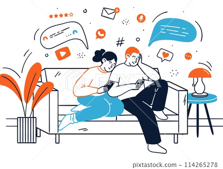 Young couple using smartphone for communication online sitting on sofa Young couple using smartphone for communication online sitting on sofa 114265278
