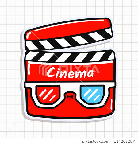 Cute funny Movie clapper sticker. Vector hand drawn cartoon kawaii character illustration icon. Isolated on background. Movie clapper card character concept 114265297