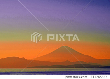 從湘南眺望黃昏時分的富士山、大海和鳥兒 114265363