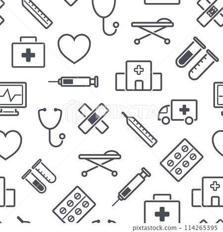 Vector seamless medical pattern, hospital icons, health care, clinic background. Black and white line emergency, pharmacy illustration Vector seamless medical pattern, hospital icons, health care, clinic background. Black and white line emergency, pharmacy illustration 114265395