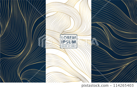 Vector set of wave gold patterns. luxury abstract line art, elegant curve textures. Premium labels, cards, minimal package, glitter silk shapes. 114265403