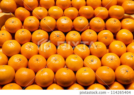 Rows Of mandarins In Supermarket. Orange background, food texture. Vivid tangerines. Convenience, healthy lifestyle. 114265404