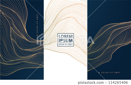 Vector set of wave gold patterns. luxury abstract line art, elegant curve textures. Premium labels, cards, minimal package, glitter silk shapes. 114265406