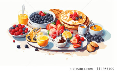 Wholesome breakfast cartoon illustration - Generative AI. Nut, juice, fruits, berries. Wholesome breakfast cartoon illustration - Generative AI. Nut, juice, fruits, berries. 114265409