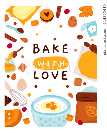 Bakery card. Pastry baking. Love cooking. Sweet cakes or cookies. Kitchen ingredients and accessories. Food products. Culinary kitchenware. Baked muffin. Dessert preparing vector banner Bakery card. Pastry baking. Love cooking. Sweet cakes or cookies. Kitchen ingredients and accessories. Food products. Culinary kitchenware. Baked muffin. Dessert preparing vector banner 114265410