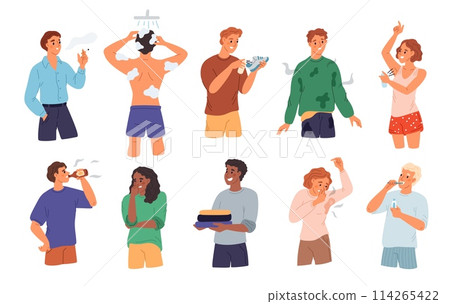 Cartoon people with bad smell. Daily hygiene. Sweating dirty man. Smoking woman. Alcohol consumption. Persons spraying deodorant and taking shower. Sweaty clothing. Garish vector set 114265422