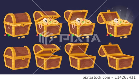 Cartoon wooden chest animation. Fabulous pirate treasure. Gold coins and gems. Precious stones. Closed or opened containers. Empty and full boxes with antique wealth. Recent vector concept Cartoon wooden chest animation. Fabulous pirate treasure. Gold coins and gems. Precious stones. Closed or opened containers. Empty and full boxes with antique wealth. Recent vector concept 114265431