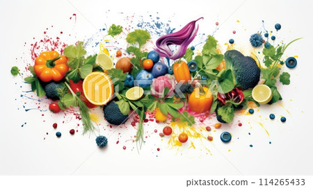 Vegetarian culinary cartoon illustration - Generative AI. Broccoli, pepper, greens, orange. Vegetarian culinary cartoon illustration - Generative AI. Broccoli, pepper, greens, orange. 114265433