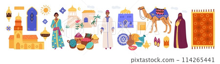 Morocco traditional elements. Ancient buildings. Arab man or woman costumes. Carpets with oriental ornaments. Muslim mosques. East souvenirs. Touristic travel objects. Garish vector set 114265441