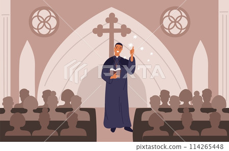 Sermon in catholic cathedral. Cartoon people in church. Congregation listens to priest speech. Spirituality and faith. Christian clergyman. Pastor reading gospel. Garish vector concept 114265448