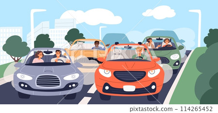 Traffic jam. Bad mood people in cars. Confused sad drivers and passengers. Automobiles front view. Vehicles congestion at highway. Transport collapse. City roadway. Garish vector concept 114265452