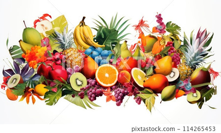 Tropical fruit cartoon illustration - Generative AI. Pineapple, orange, grapefruit, grape. 114265453