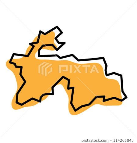 Tajikistan country simplified map. Orange silhouette with thick black sharp contour outline isolated on white background. Simple vector icon 114265843