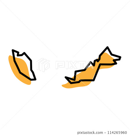 Malaysia country simplified map. Orange silhouette with thick black sharp contour outline isolated on white background. Simple vector icon 114265960