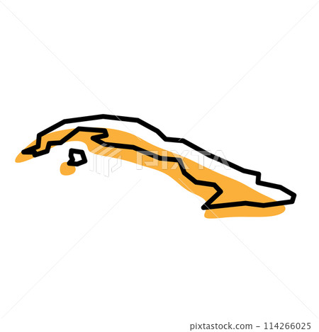 Cuba country simplified map. Orange silhouette with thick black sharp contour outline isolated on white background. Simple vector icon Cuba country simplified map. Orange silhouette with thick black sharp contour outline isolated on white background. Simple vector icon 114266025