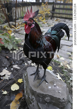 Vibrant rooster in a charming backyard setting with space for copy - vertical image Vibrant rooster in a charming backyard setting with space for copy - vertical image 114266104