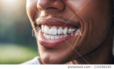 Expert dental care for your health and hygiene. Perfect healthy teeth smile of a young man. Teeth whitening. Image symbolizes oral care dentistry 114266285