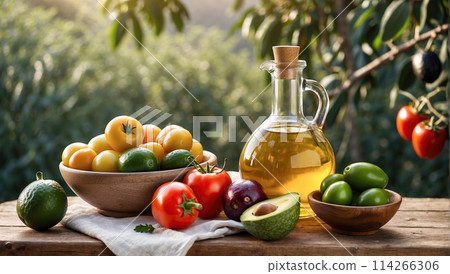 Background of cooking ingredients. Olive oil and fresh vegetables and fruits on a wooden table 114266306