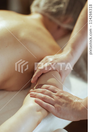 Massage therapist in massage cabinet massaging clients arm 114266318