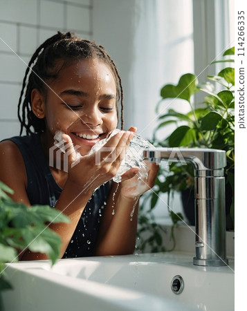Happy young beautiful African American woman taking care of her facial skin. 114266335