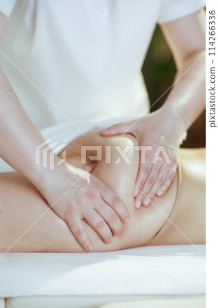Closeup on medical massage therapist massaging clients buttocks 114266336