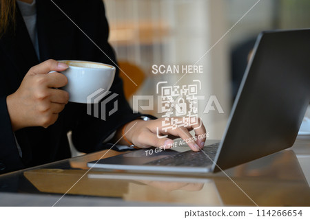 QR Codes on laptop for payment , Identification encryption and online shopping concept QR Codes on laptop for payment , Identification encryption and online shopping concept 114266654