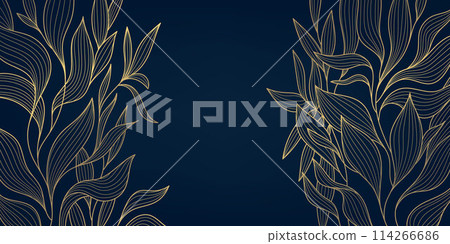 Vector linear golden leaves art deco pattern. Gold line elegant wavy texture, japanese style botanical illustration. Floral plant luxury texture, elegant wallpaper. Vintage decor print. 114266686