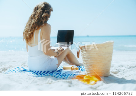 Seen from behind modern woman on ocean coast with straw bag Seen from behind modern woman on ocean coast with straw bag 114266782