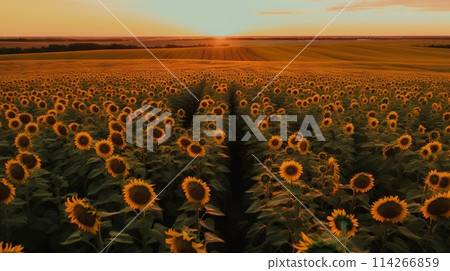 Panoramic field of sunflowers on sunset. Generative AI 114266859