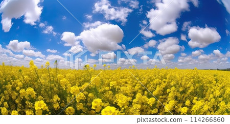 Yellow rapeseed field and blue sky on a sunny day. Generative AI 114266860