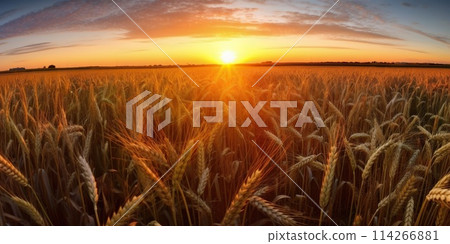 Panoramic view on field of golden ripe wheat on sunset. Generative AI 114266881
