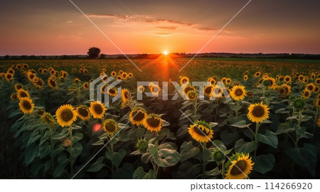 Panoramic field of sunflowers on sunset. Generative AI Panoramic field of sunflowers on sunset. Generative AI 114266920