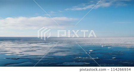 Winter sea landscape with floating ice fragments on still cold water. Generative AI Winter sea landscape with floating ice fragments on still cold water. Generative AI 114266934